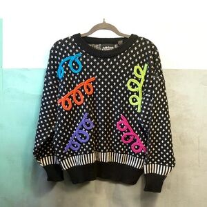 Adrian Spencer Vintage Shapes Color 3D 80’s Sweater Size S Black Neon Squiggles